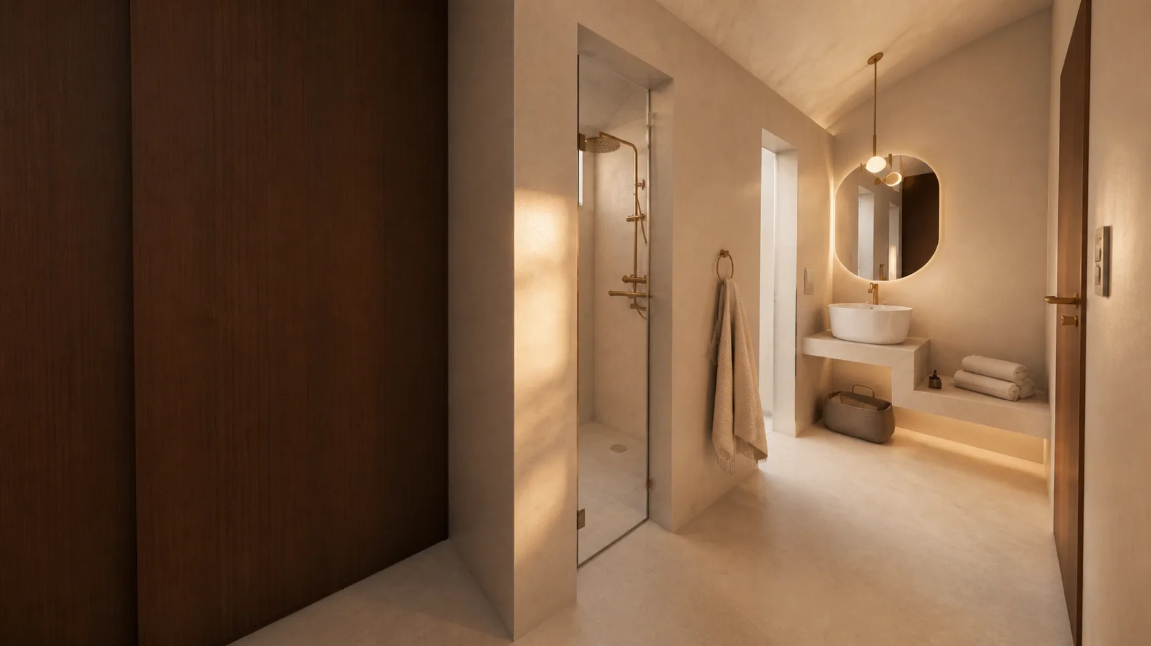 Baño de Casa Campestre con muro de madera, regadera de vidrio y espejo retroiluminado