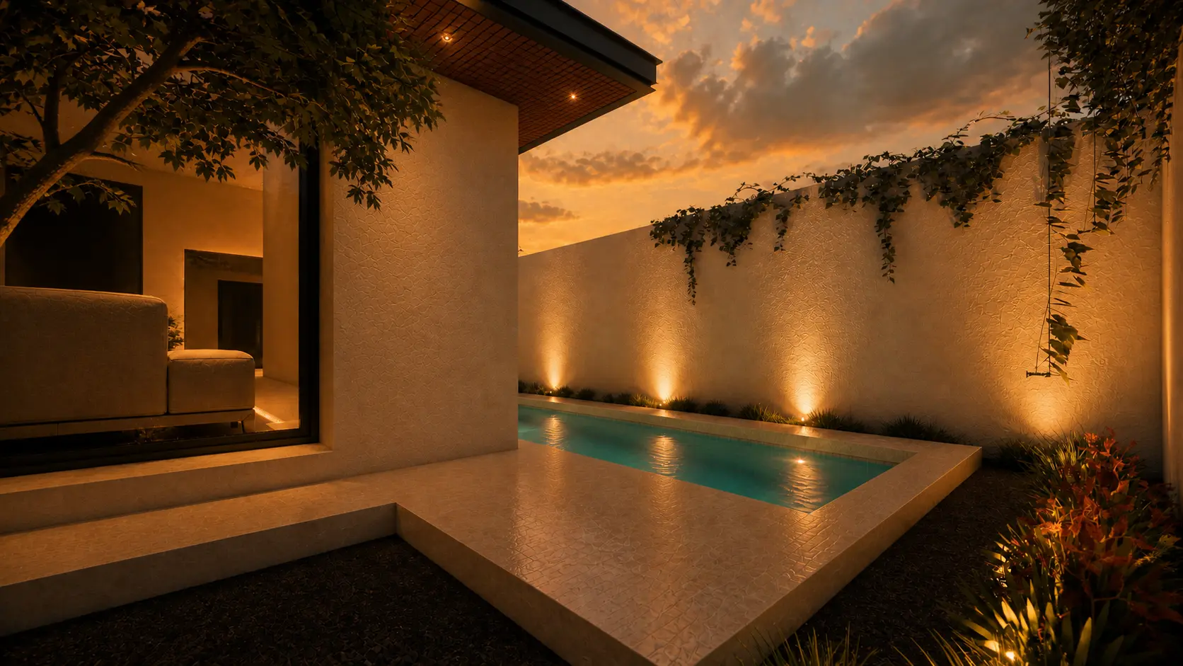 Terraza techada de Casa Campestre con plafón de WPC, sala interior visible y alberca al atardecer