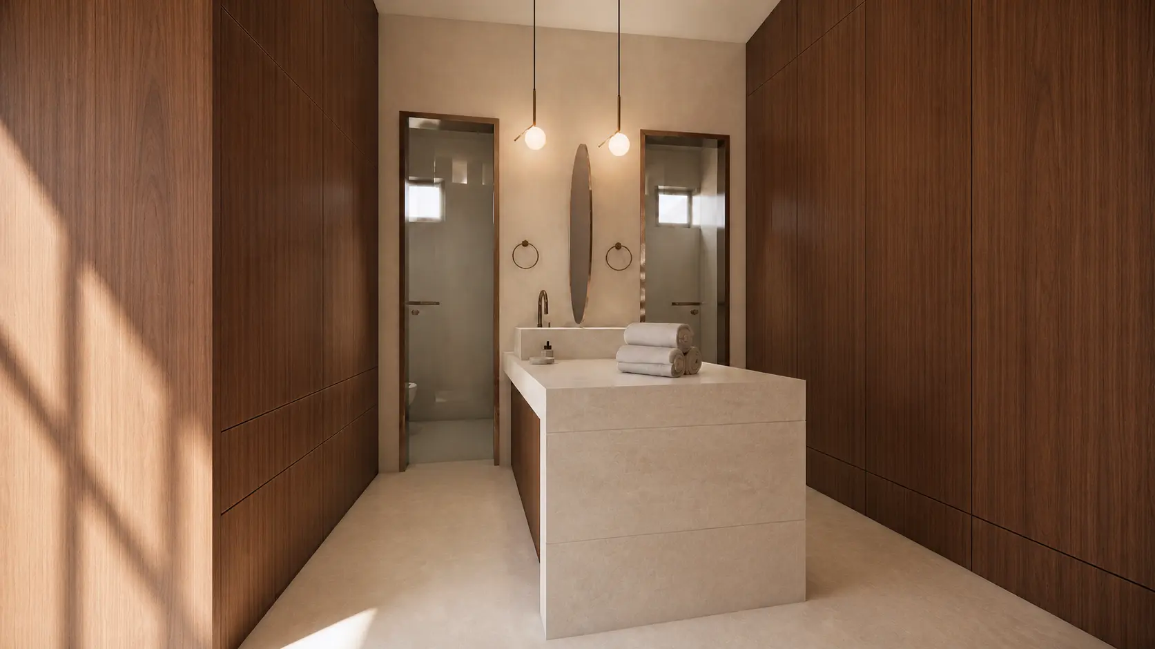 Vestidor de Casa Campestre con isla central de piedra y frentes de madera de piso a techo