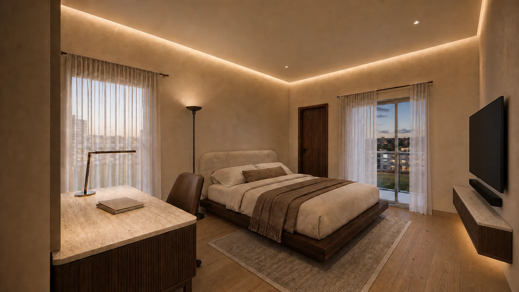 Recámara de Casa Campestre con piso de madera, escritorio y balcón hacia el jardín