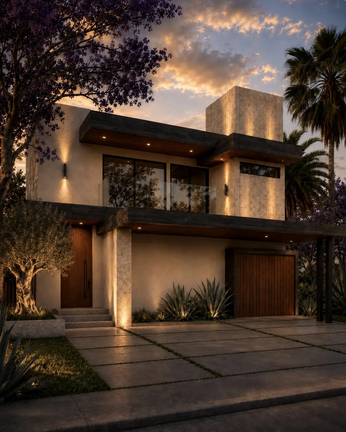 Fachada frontal de Casa Campestre al atardecer, con puerta de madera, piedra clara y volados