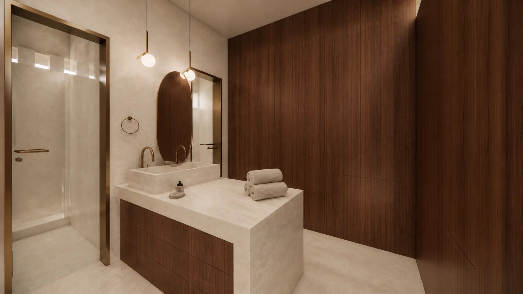 Baño de Casa Campestre con lavabo de piedra, grifería dorada y panel de madera