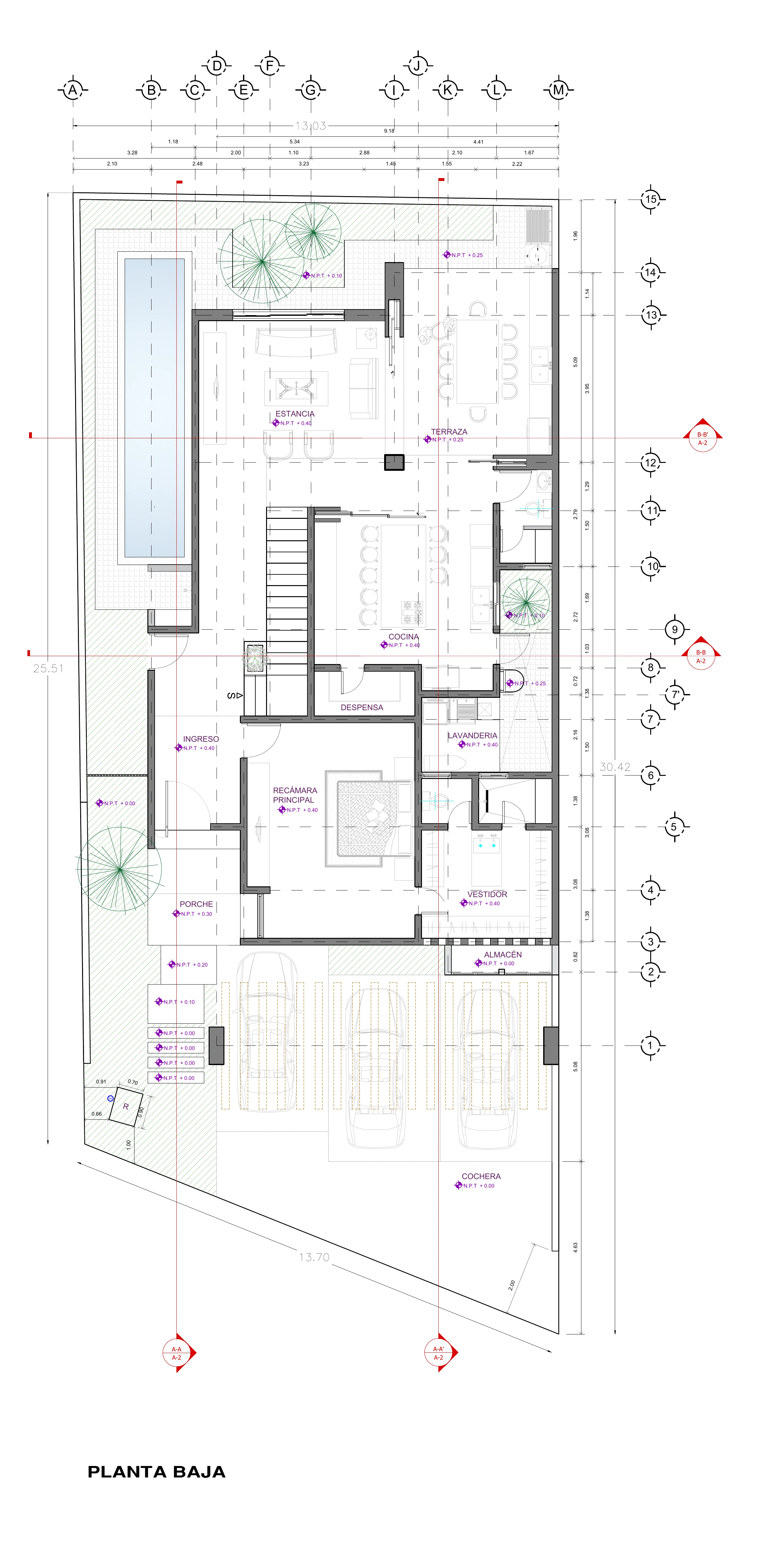 Planta baja arquitectónica de la residencia: cochera, porche, ingreso, recámara principal con vestidor, cocina, despensa, lavandería, almacén, estancia, terraza y alberca
