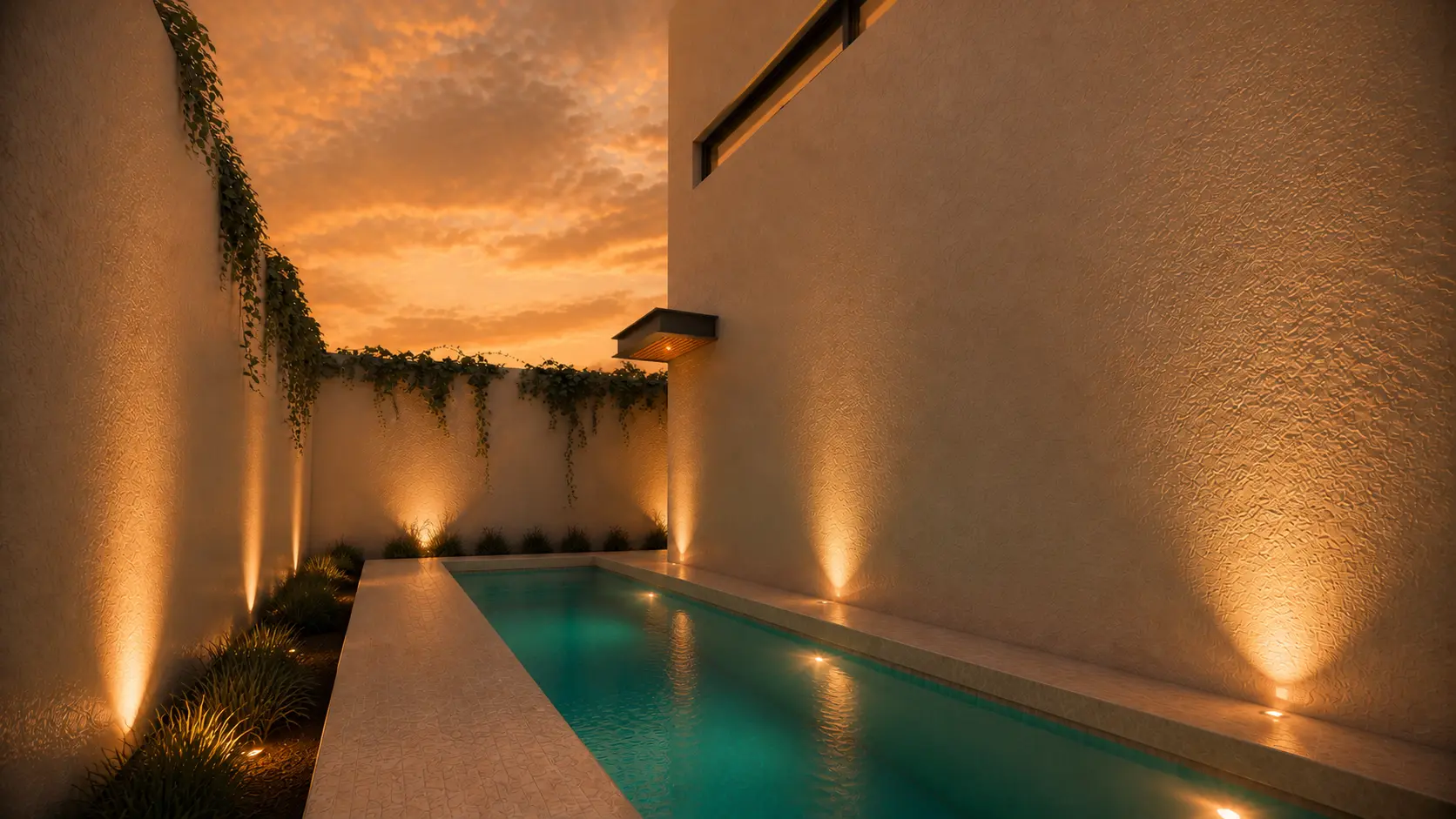 Alberca de Casa Campestre al atardecer con muros iluminados y vegetación colgante