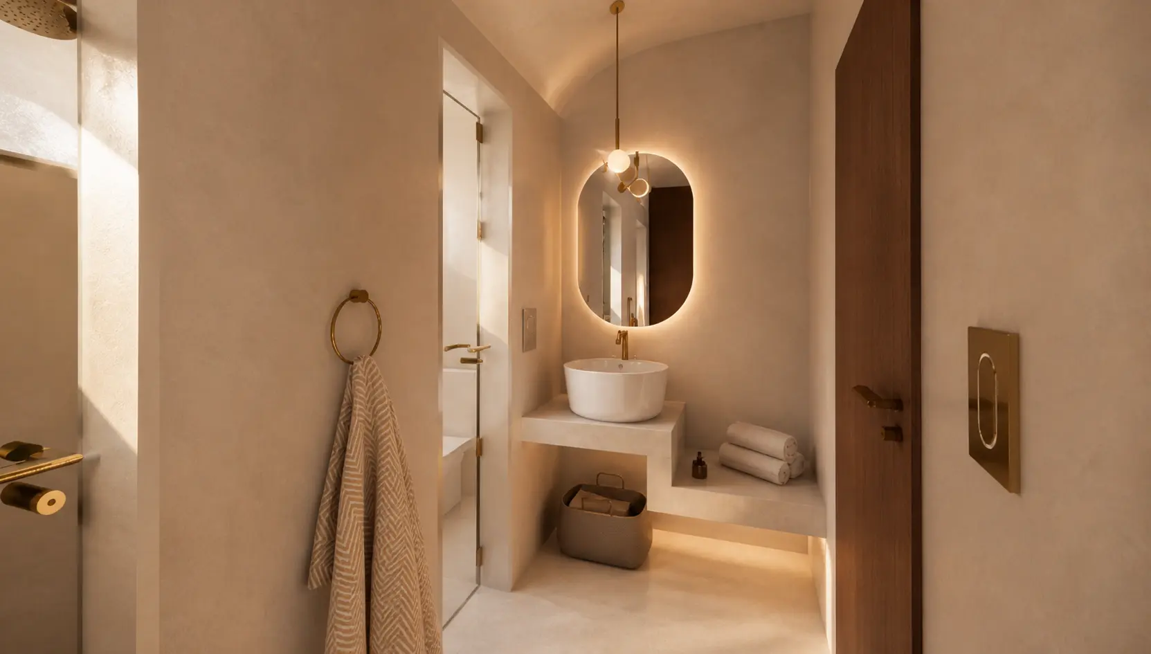 Baño de Casa Campestre con muros continuos en tono arena, espejo retroiluminado y puerta de madera