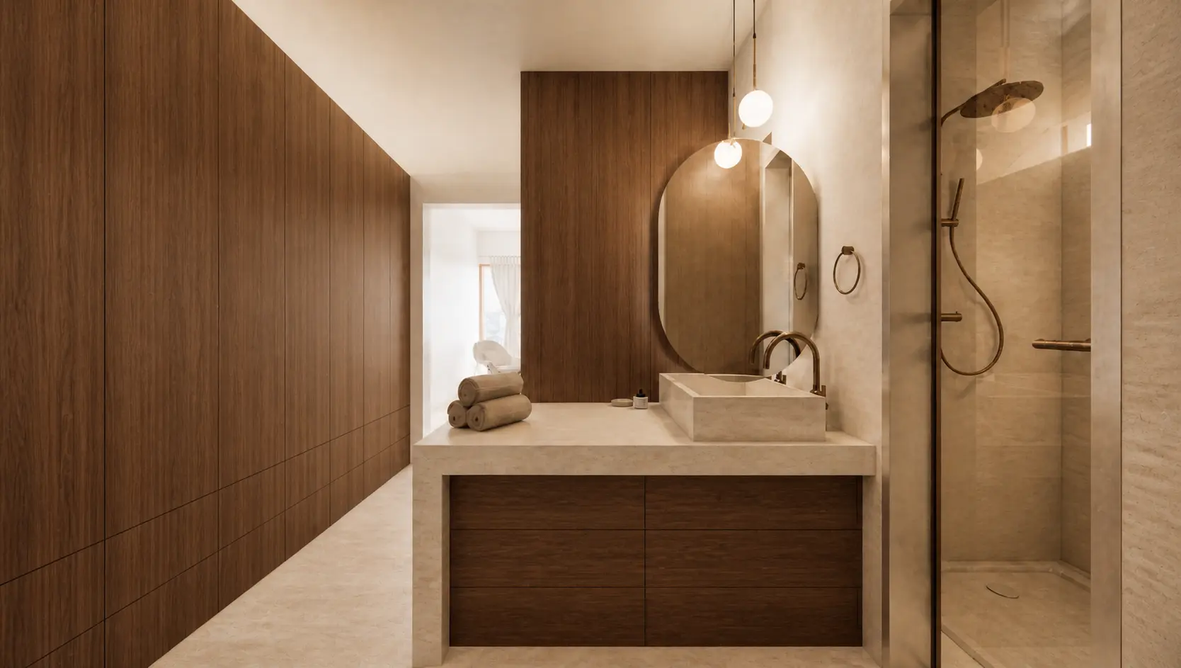 Baño y vestidor de Casa Campestre con espejo oval, regadera de piedra y carpintería continua
