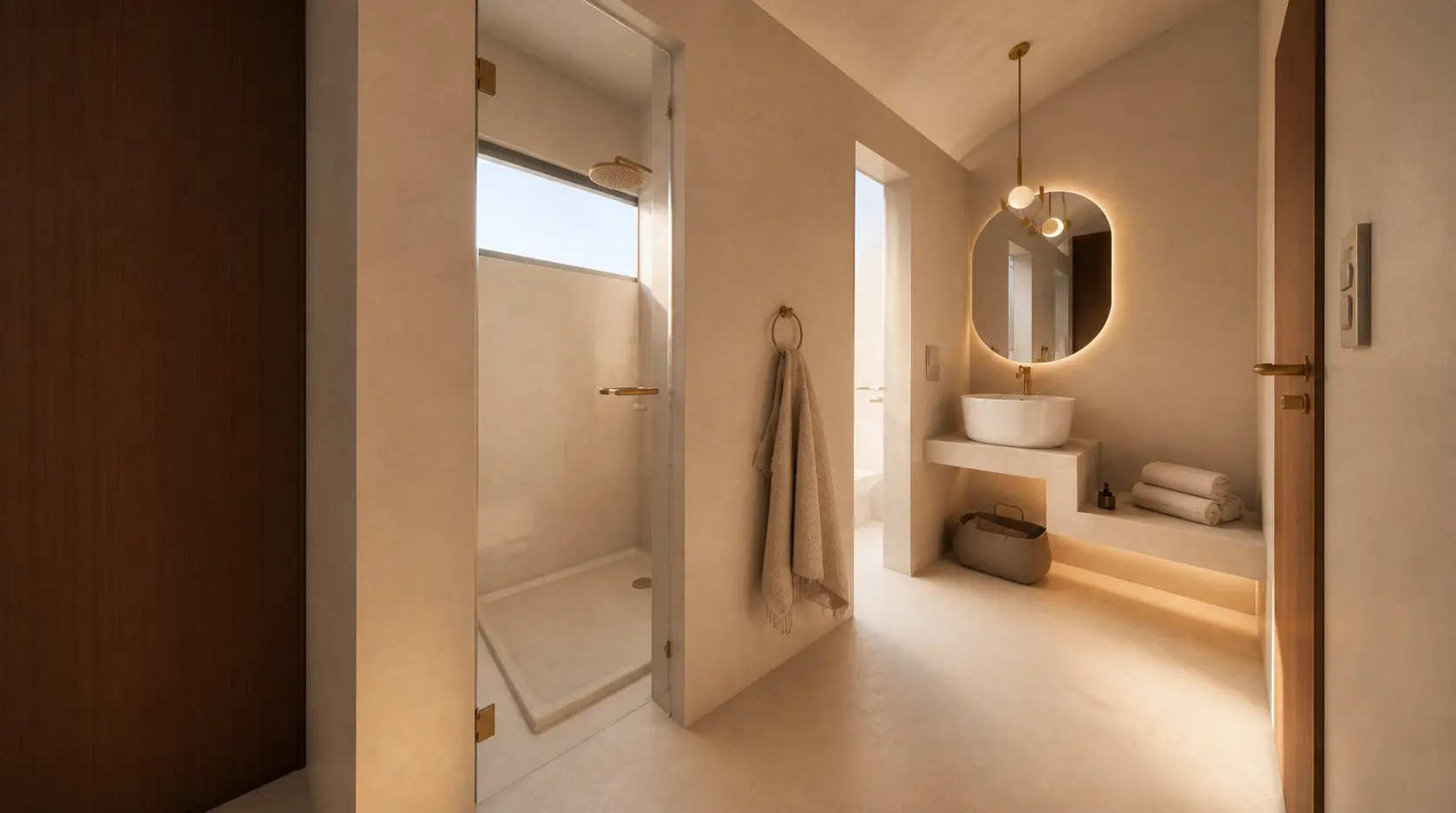 Vestidor y baño de Casa Campestre con carpintería de madera y superficies continuas