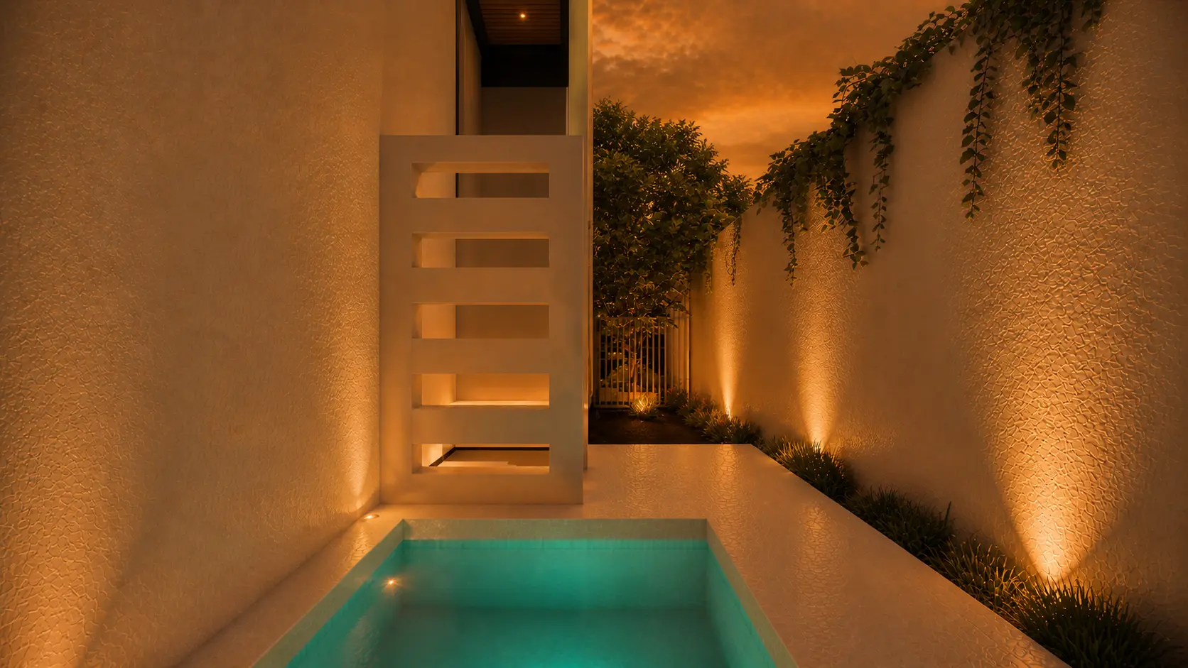 Alberca de Casa Campestre con iluminación nocturna y acceso lateral controlado